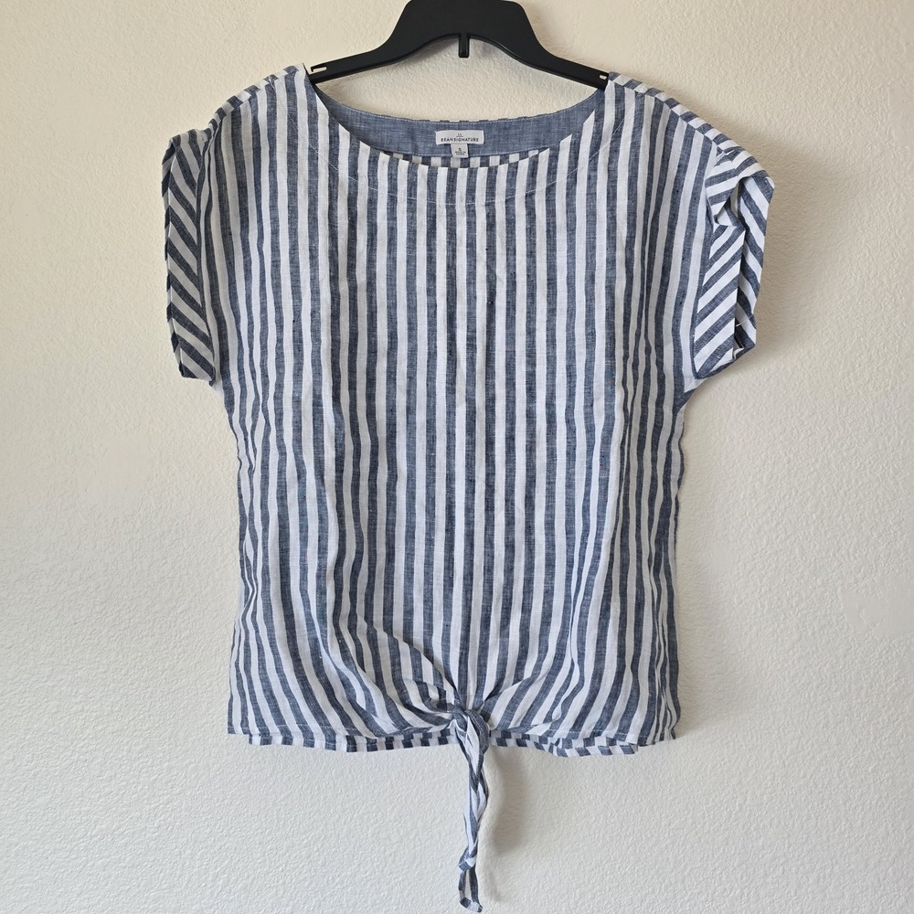 L.L. Bean Signature 100% Linen Top Womens Sz Small Tie Front Nautical Summer EUC
